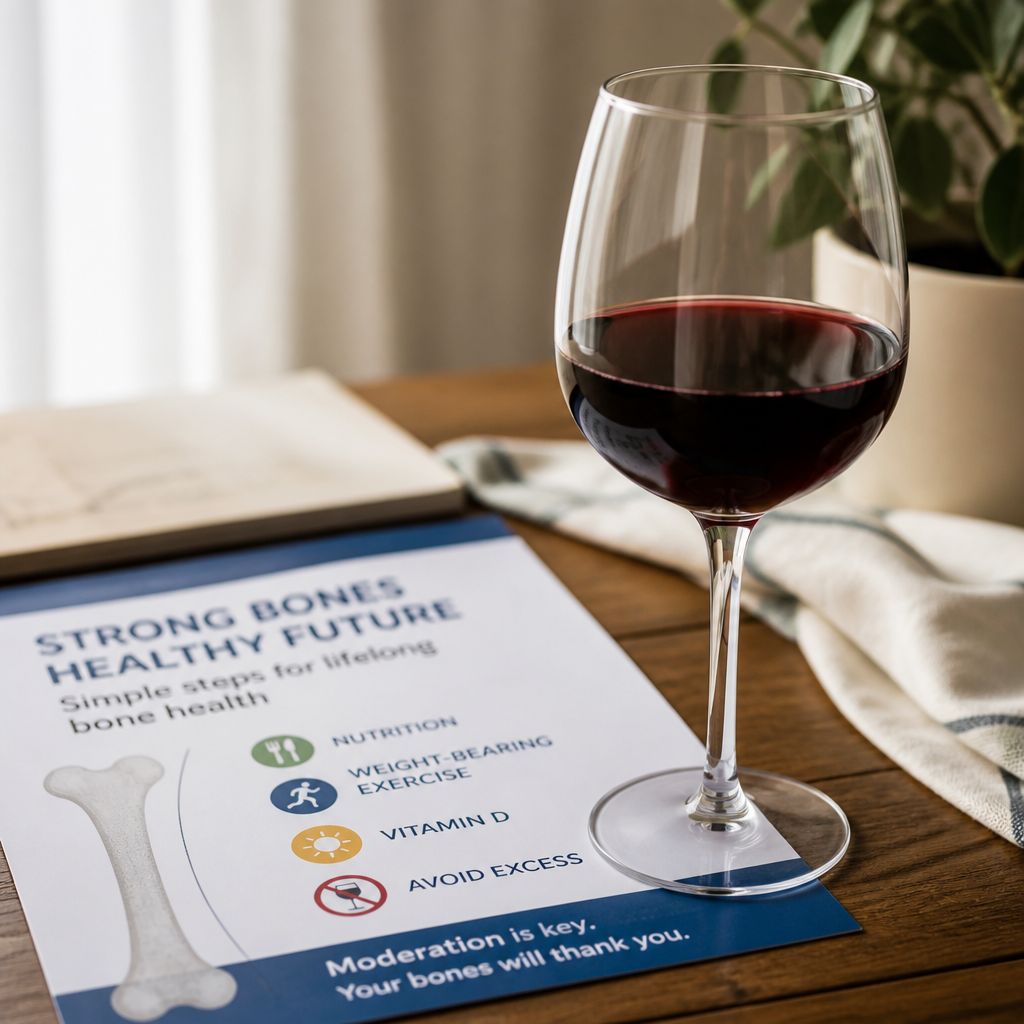 Glass of red wine next to bone health pamphlet — alcohol moderation