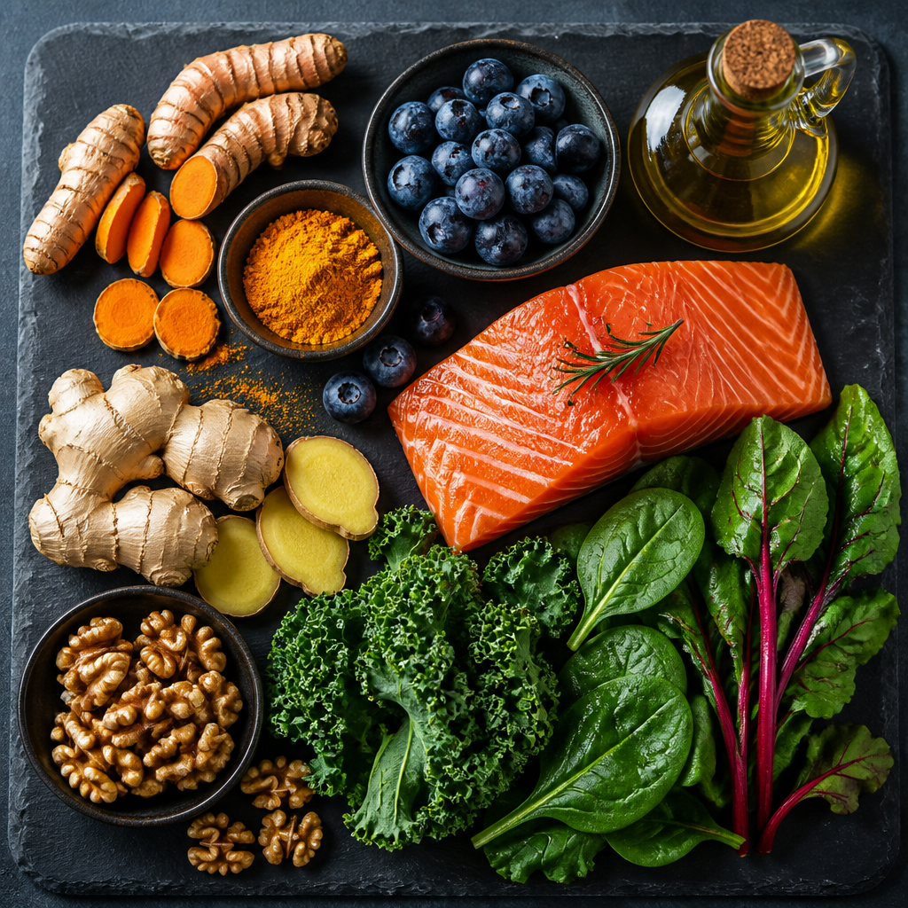 Anti-inflammatory foods: turmeric ginger blueberries salmon olive oil — supporting bone health