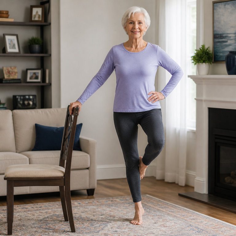 Senior woman doing one-leg balance exercise next to chair — fall prevention training