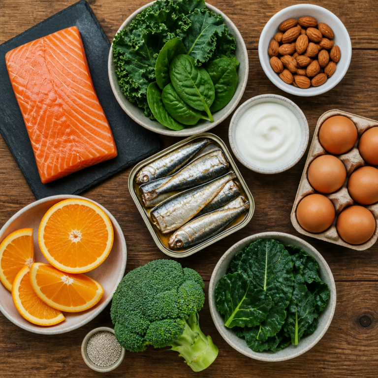 Flat lay of bone-healthy foods: salmon, leafy greens, almonds, yogurt, eggs