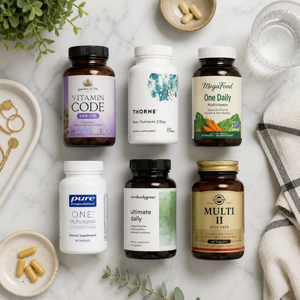 Flat lay of multivitamin bottles on marble counter — best multis for bone health