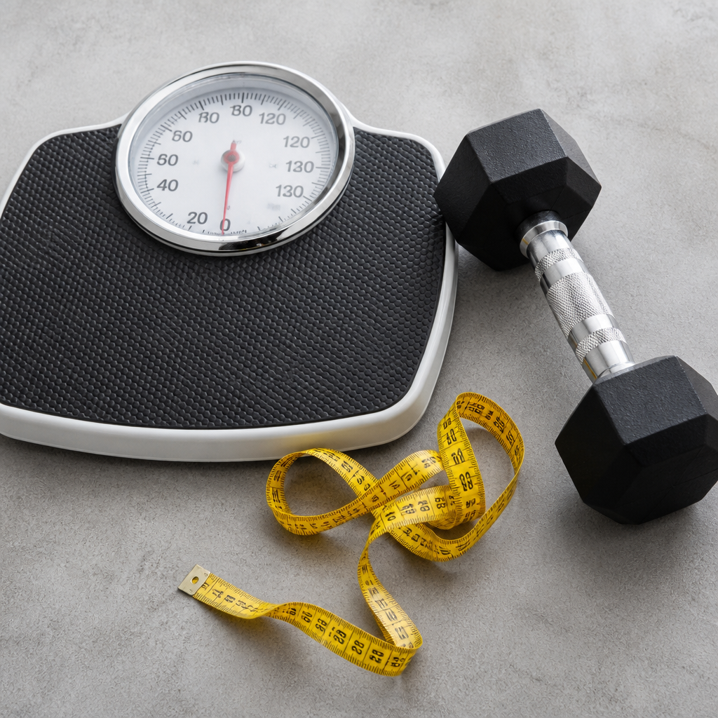 Bathroom scale measuring tape and dumbbell — body weight for bone density