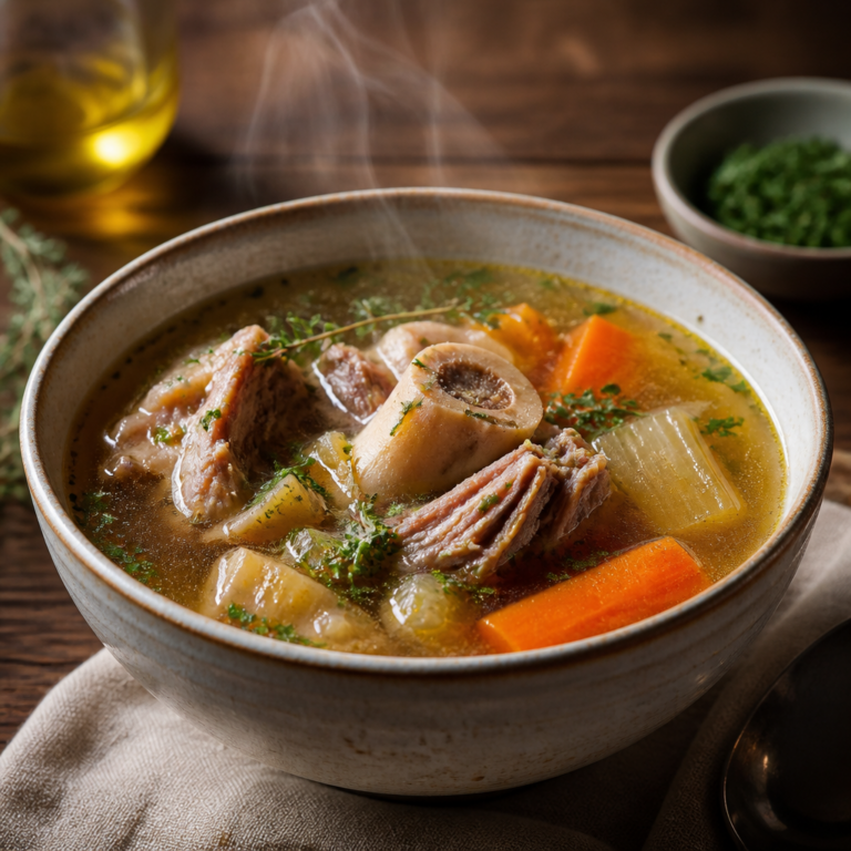Bowl of homemade bone broth with vegetables steam rising — bone health benefits