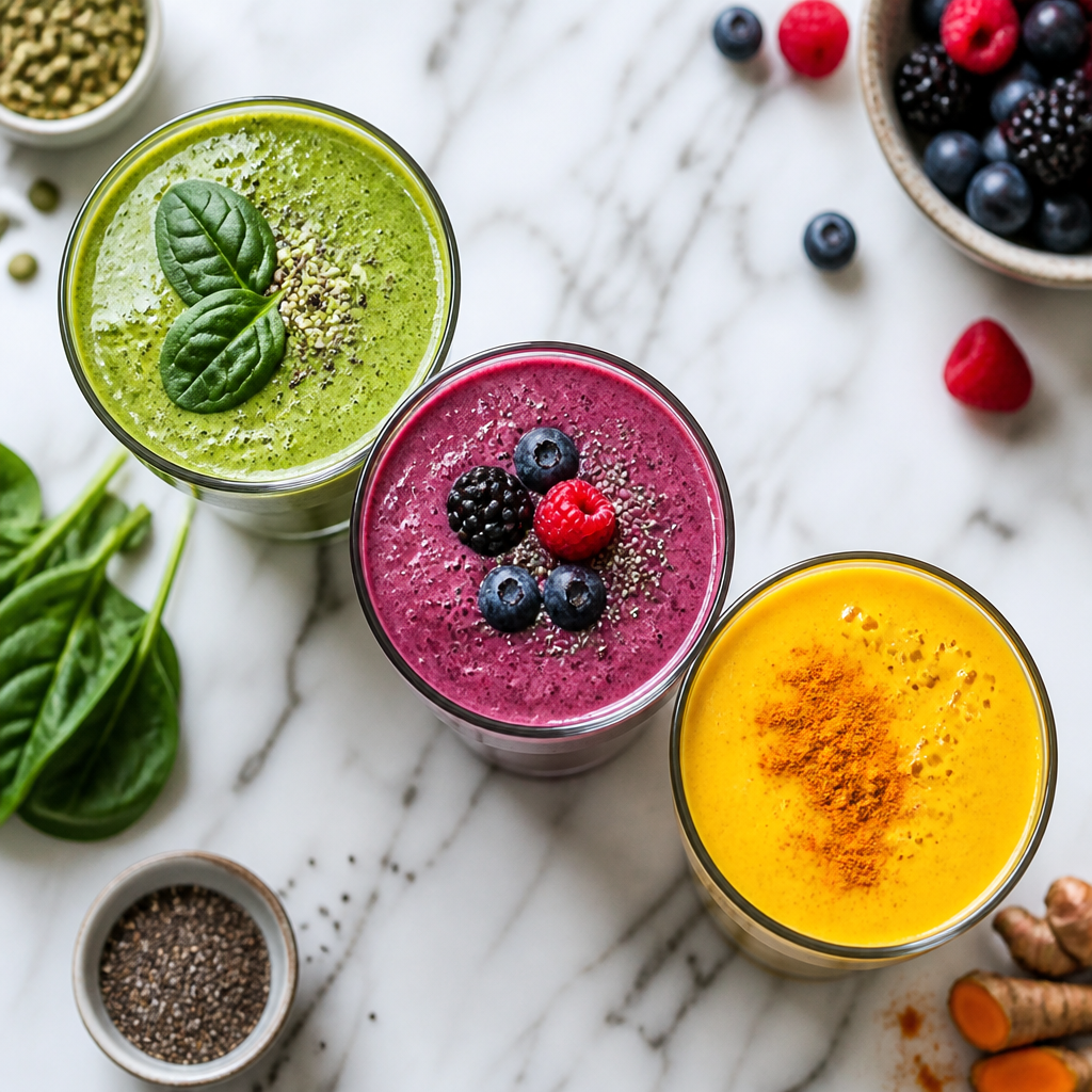 Three colorful smoothies on marble counter — best smoothies for bone health