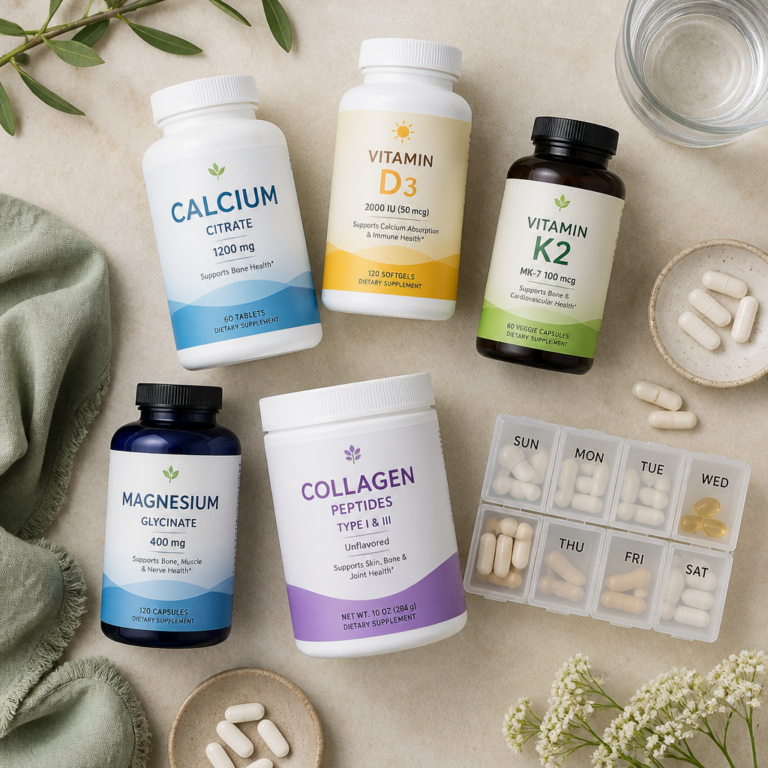 Flat lay of bone health supplements: calcium, vitamin D, K2, magnesium, collagen — supplement stack