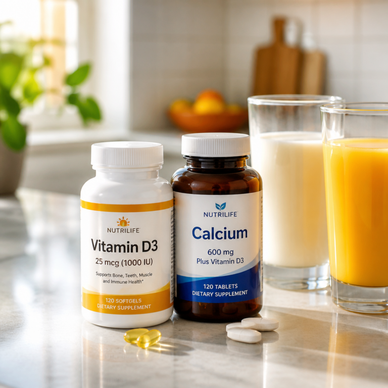Calcium and vitamin D supplements next to milk and orange juice — bone nutrients
