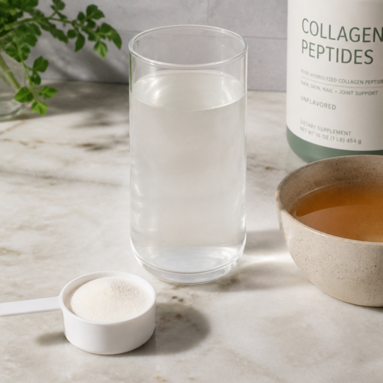 Collagen powder mixed in glass next to scoop and bone broth — collagen for bones