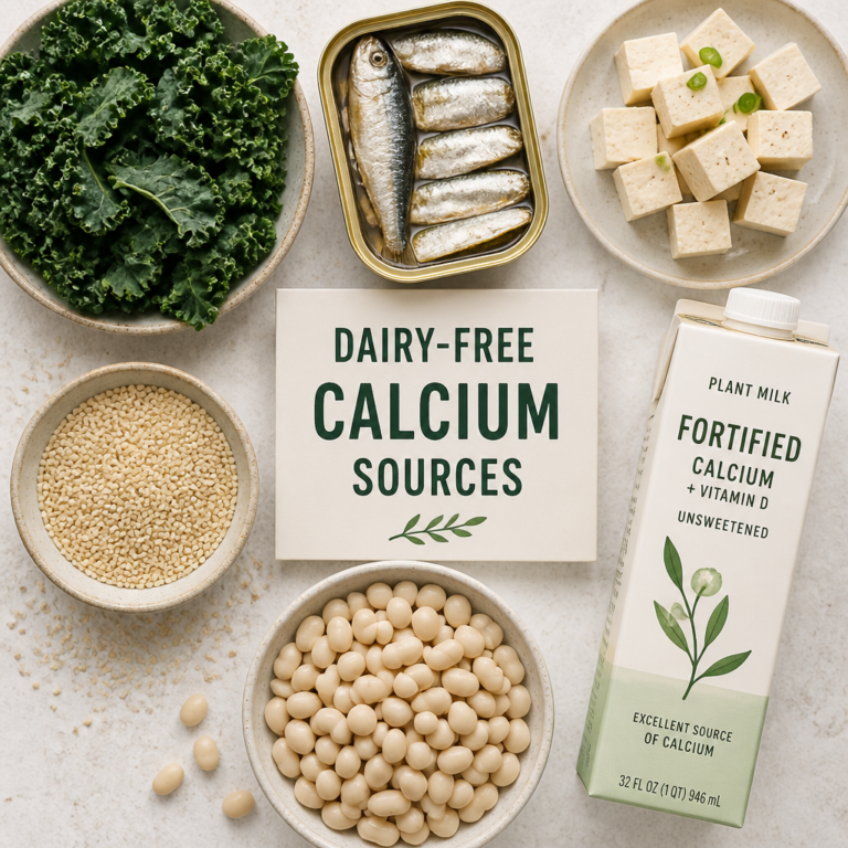 Dairy-free calcium sources: kale, sardines, tofu, plant milk, sesame seeds — bone nutrition