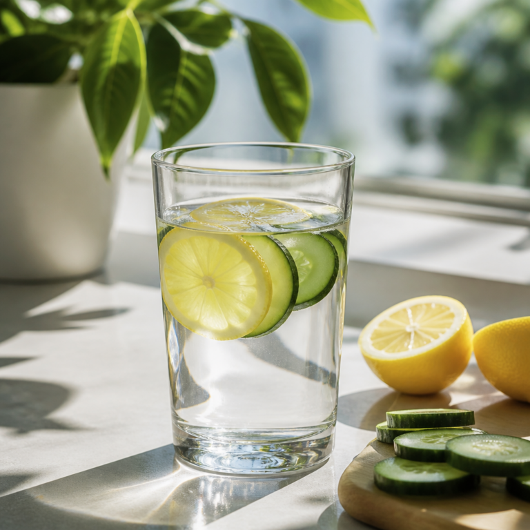Glass of water with lemon and cucumber — hydration for bone health