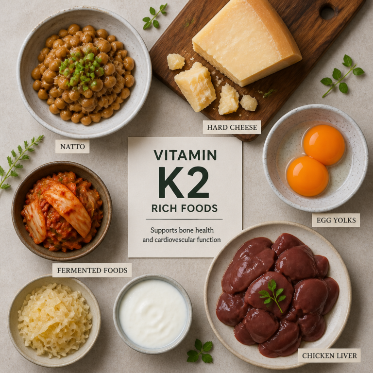 Vitamin K2 foods: natto, hard cheese, egg yolks, chicken liver, fermented foods