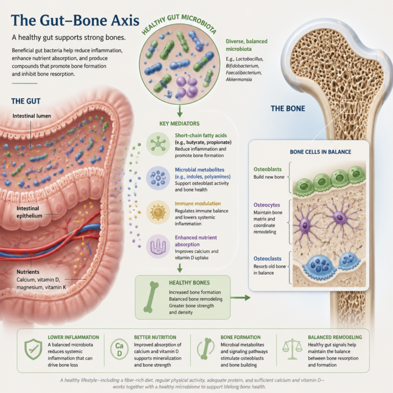 Gut-bone axis illustration with healthy bacteria and bone cells — gut microbiome