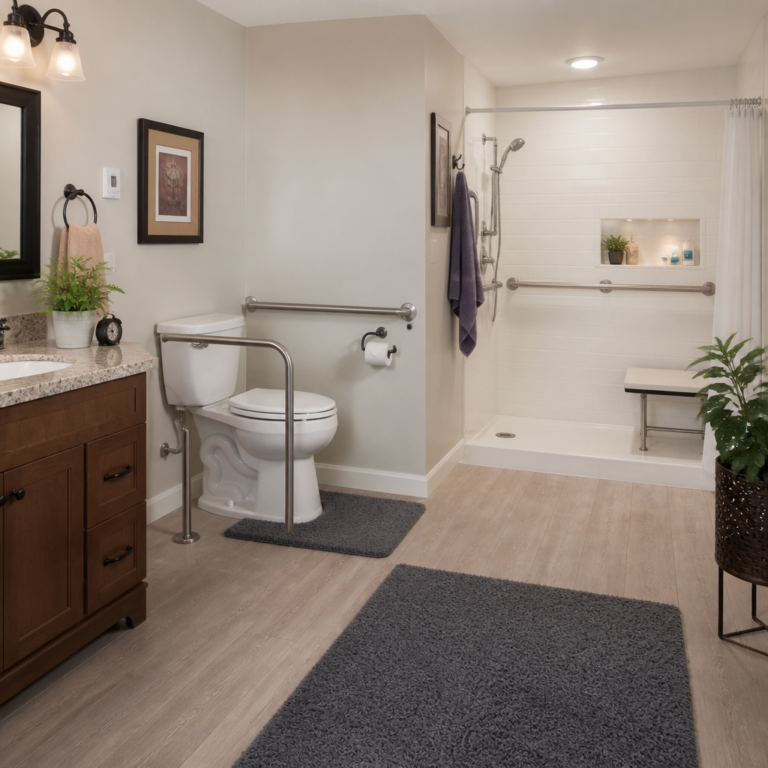 Senior-friendly home with grab bars and bright lighting — fall risk modifications