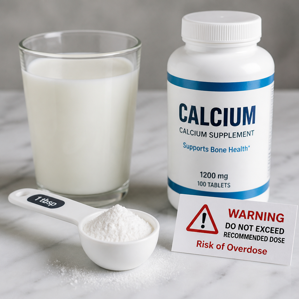 Measuring spoon with calcium powder, milk, and supplements — calcium intake limits