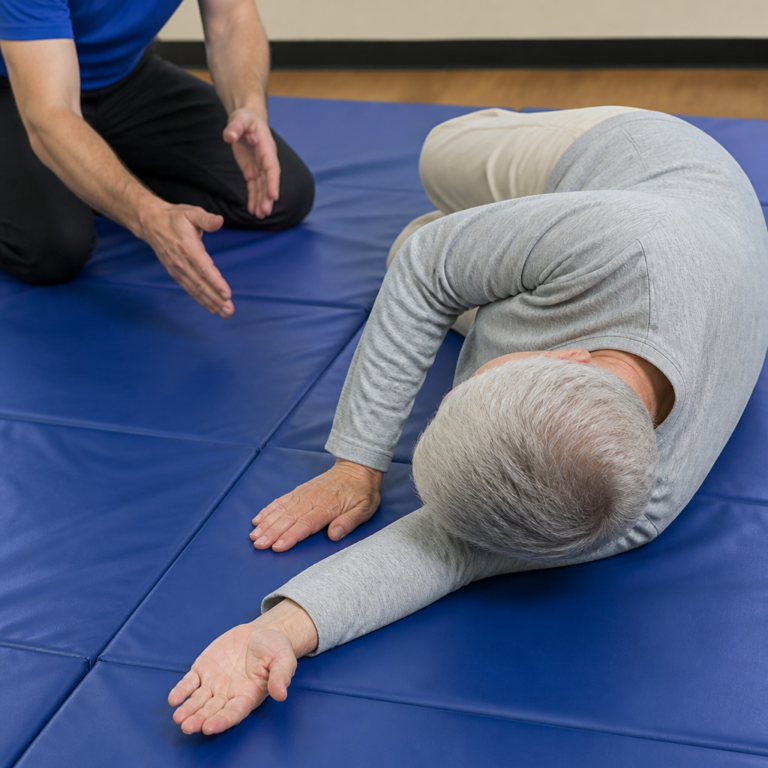 Senior practicing safe falling technique on soft mat with instructor — fall safety training