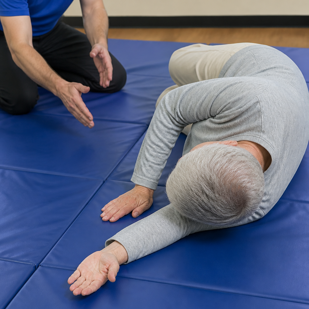 Senior practicing safe falling technique on soft mat with instructor — fall safety training
