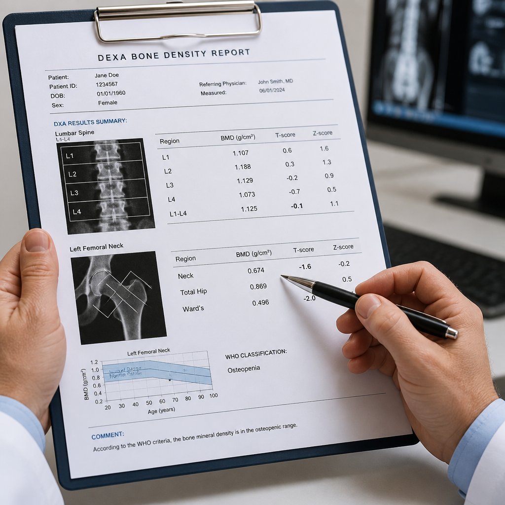 Radiologist pointing to T-score values on DEXA scan report — reading bone density