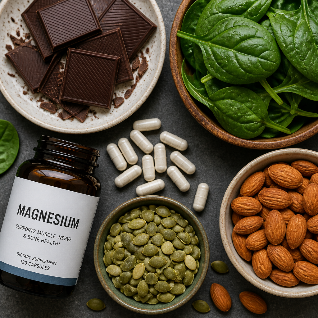Magnesium supplements with chocolate, spinach, almonds, pumpkin seeds — bone health