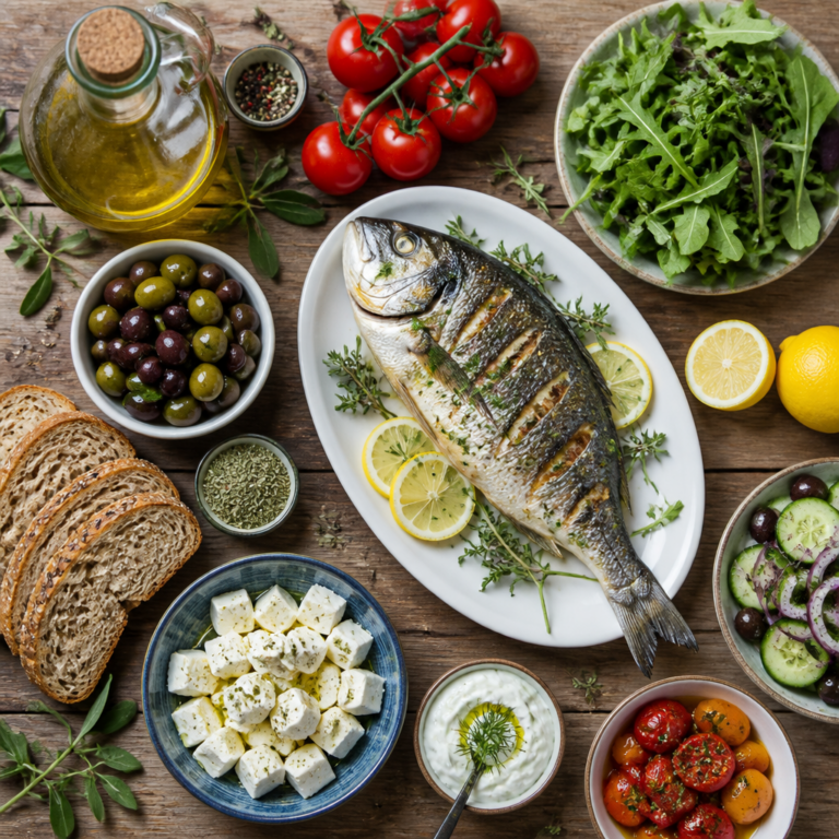 Mediterranean diet flat lay: olive oil, fish, tomatoes, leafy greens, feta — bone-healthy eating