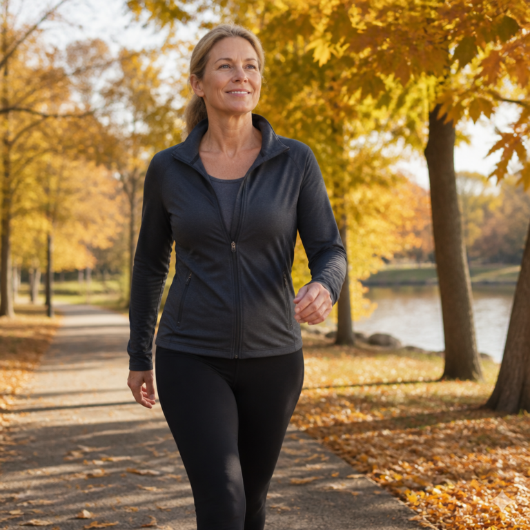 50-year-old woman walking briskly in park — staying active during menopause for bone density