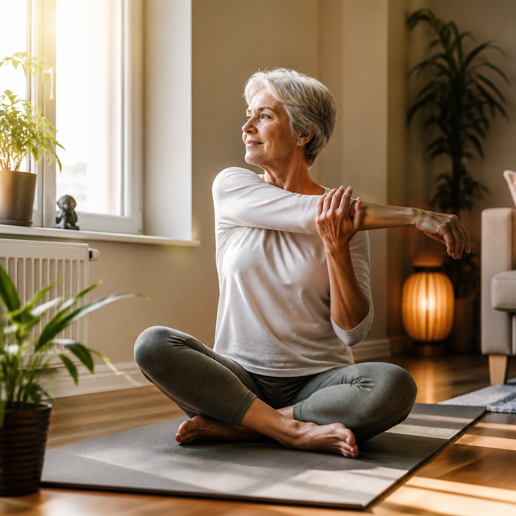 Senior woman doing yoga by sunny window — daily osteoporosis prevention habits