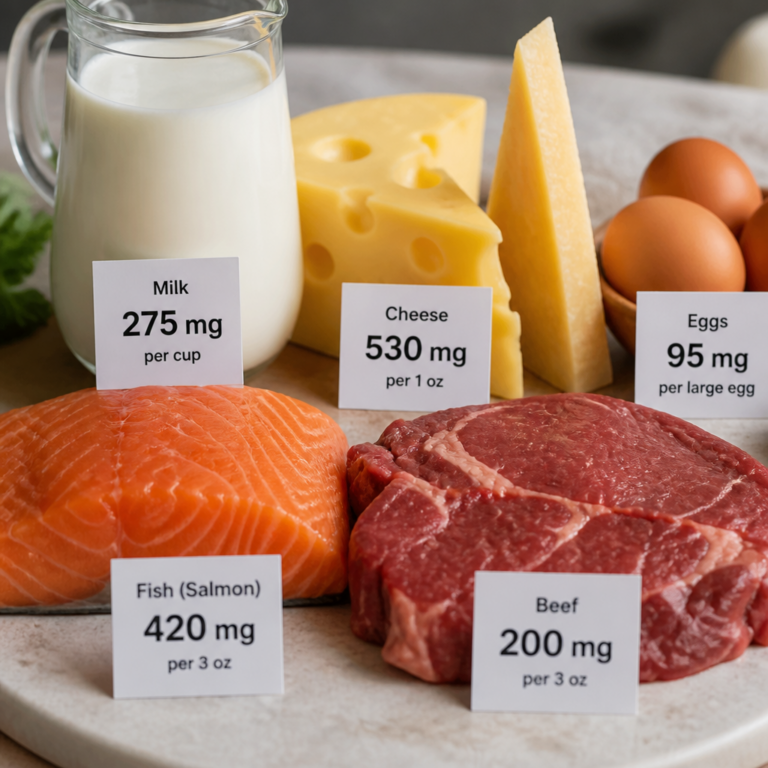 Dairy and meats with phosphorus content labels — phosphorus role in bone health