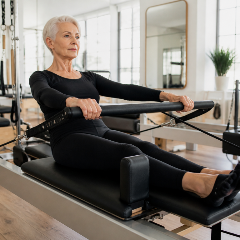 Senior woman on pilates reformer machine — pilates for bone health