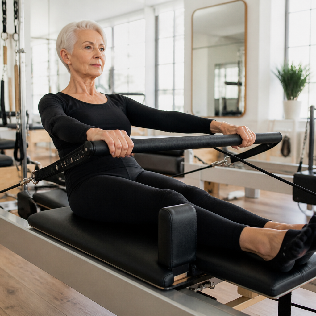 Senior woman on pilates reformer machine — pilates for bone health