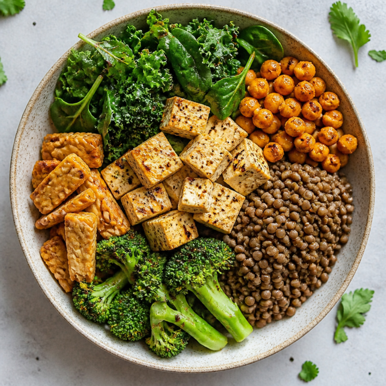 Plant-based bowl with tofu lentils chickpeas tempeh greens — vegan bone health
