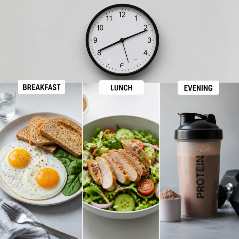 Clock with protein meals at different times — protein timing for bones and muscles