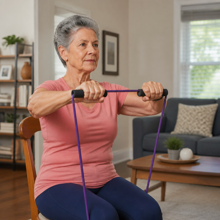 Senior woman using resistance band in living room — bone-strengthening exercises