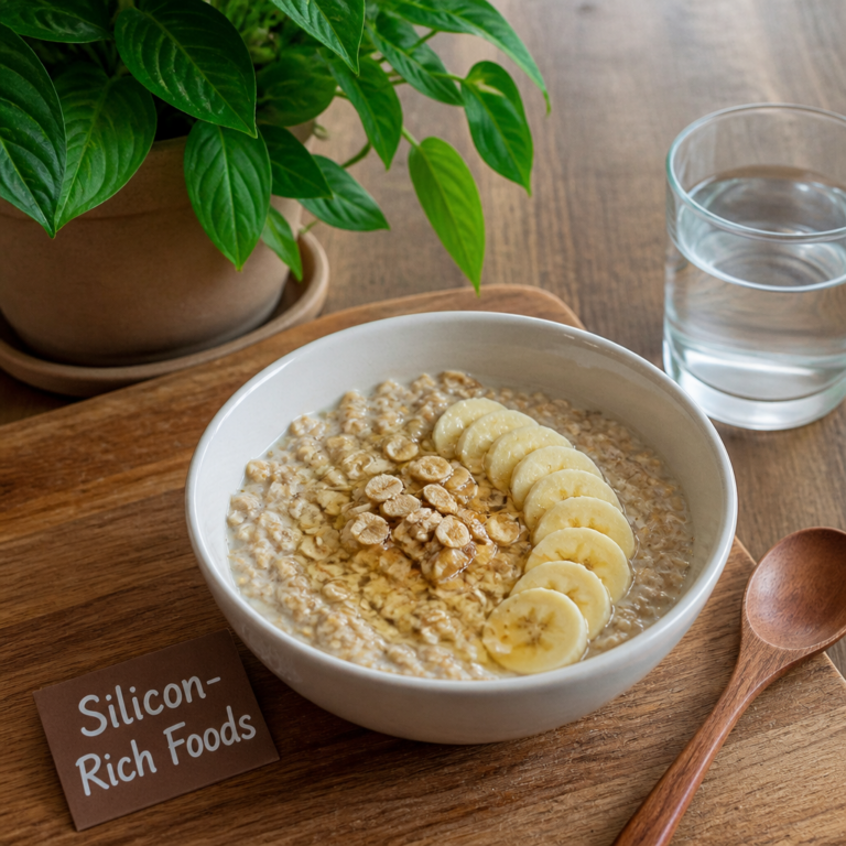 Bowl of oats and banana on wooden table — silicon for bone health