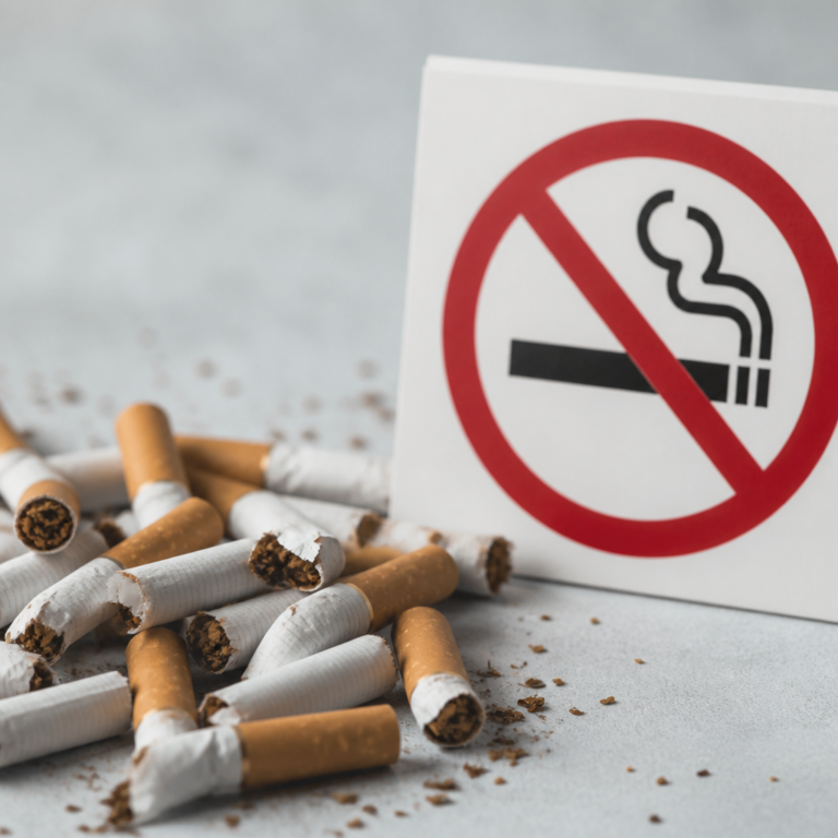 Broken cigarettes next to no-smoking sign — quit smoking for bone health