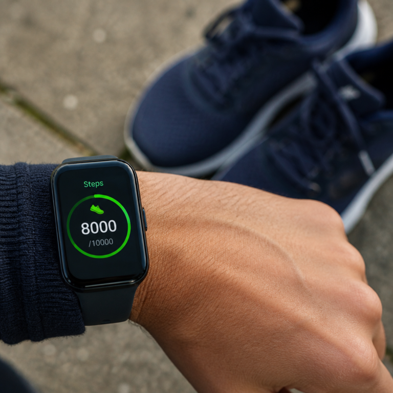 Smartwatch displaying 8000 steps next to walking shoes — daily step targets