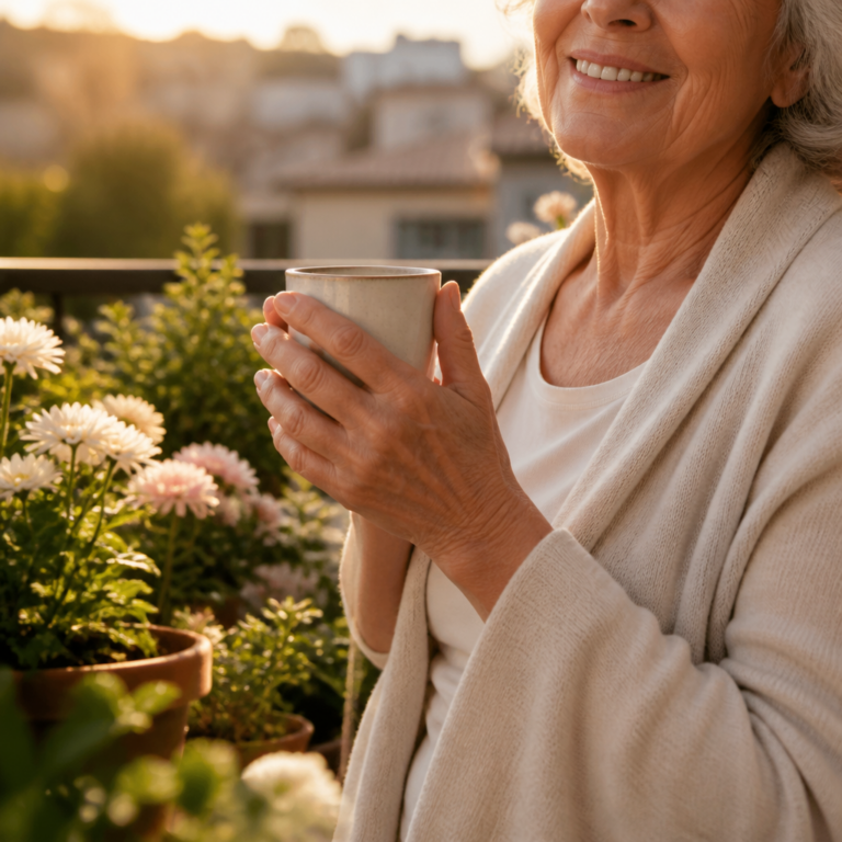 Senior woman enjoying morning sunlight on balcony — natural vitamin D from sun