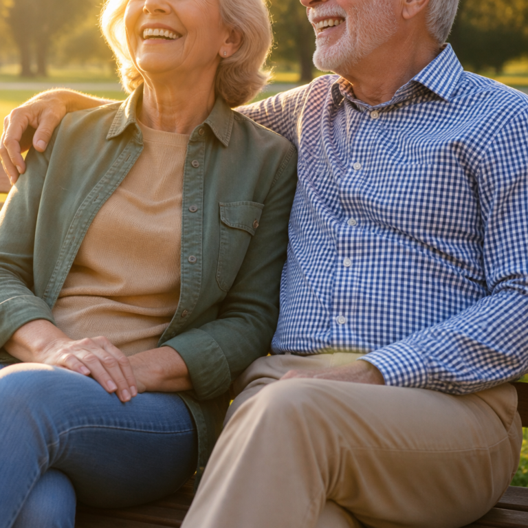Senior couple enjoying outdoor sunshine on park bench — natural vitamin D