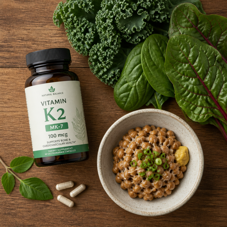Vitamin K2 supplements with leafy greens and fermented natto — bone health nutrient
