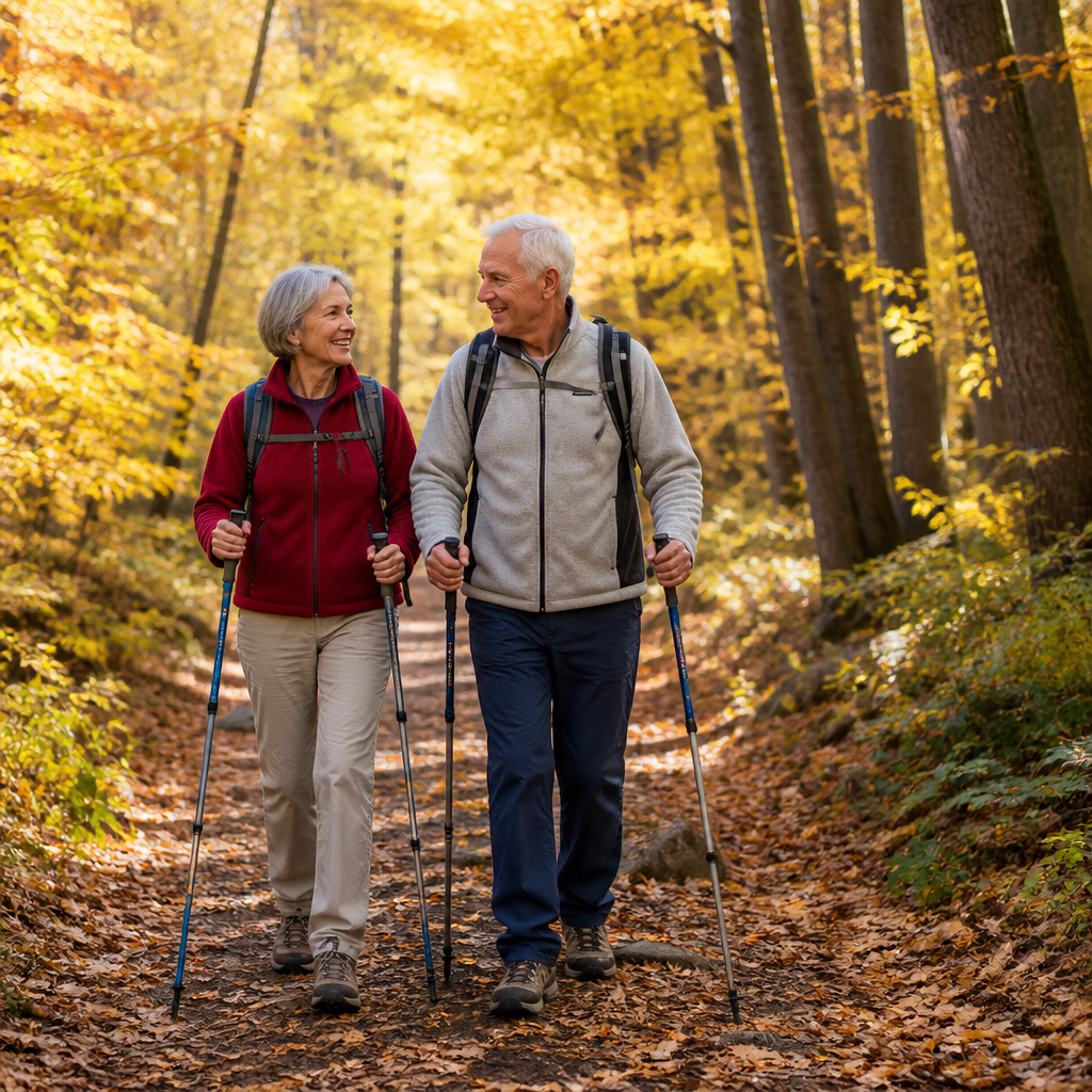 Senior couple walking on autumn forest trail — daily walking for bone health