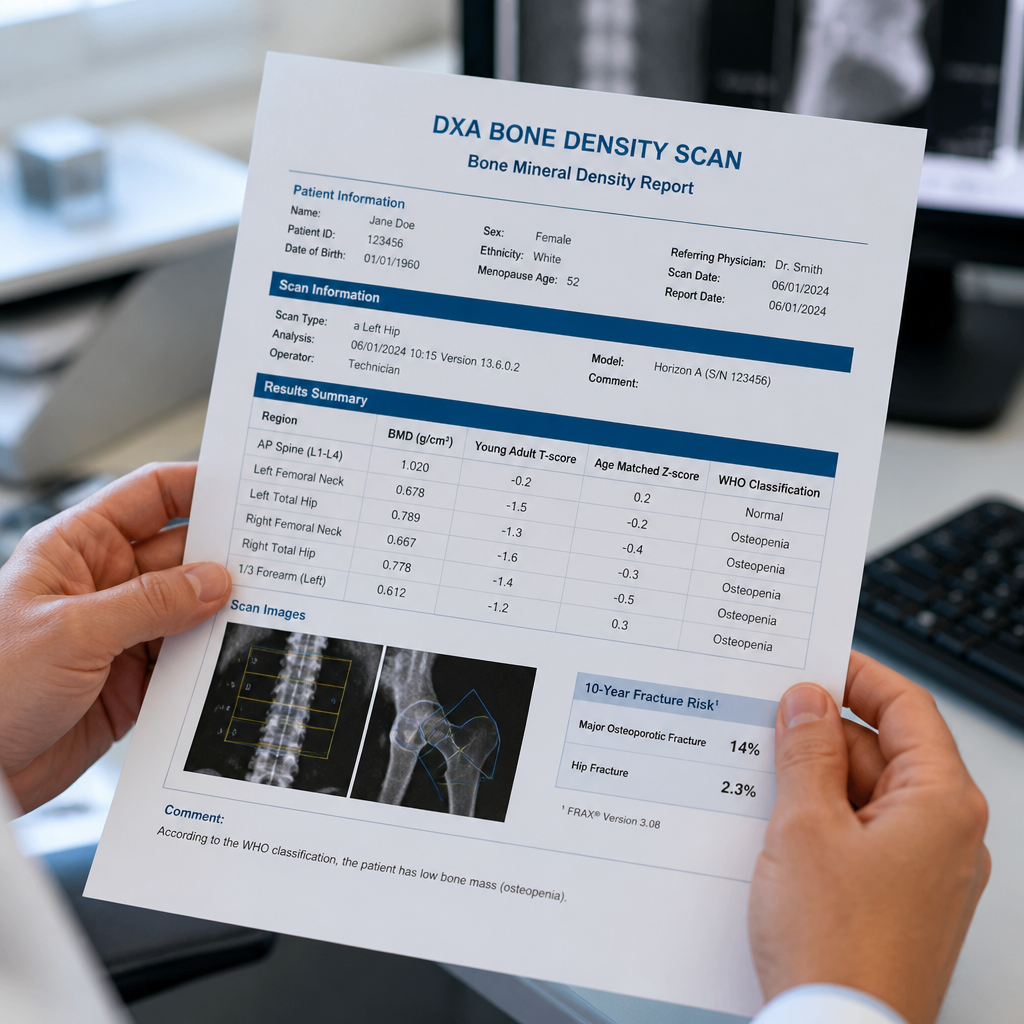 Doctor holding DXA bone density scan result — warning signs to discuss screening