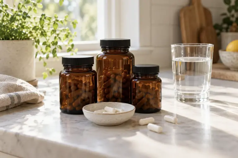 Three plain amber supplement bottles and a glass of water on a bright kitchen counter