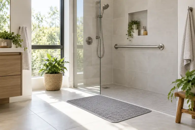 Bright bathroom with a steel grab bar in a walk-in shower and a non-slip mat