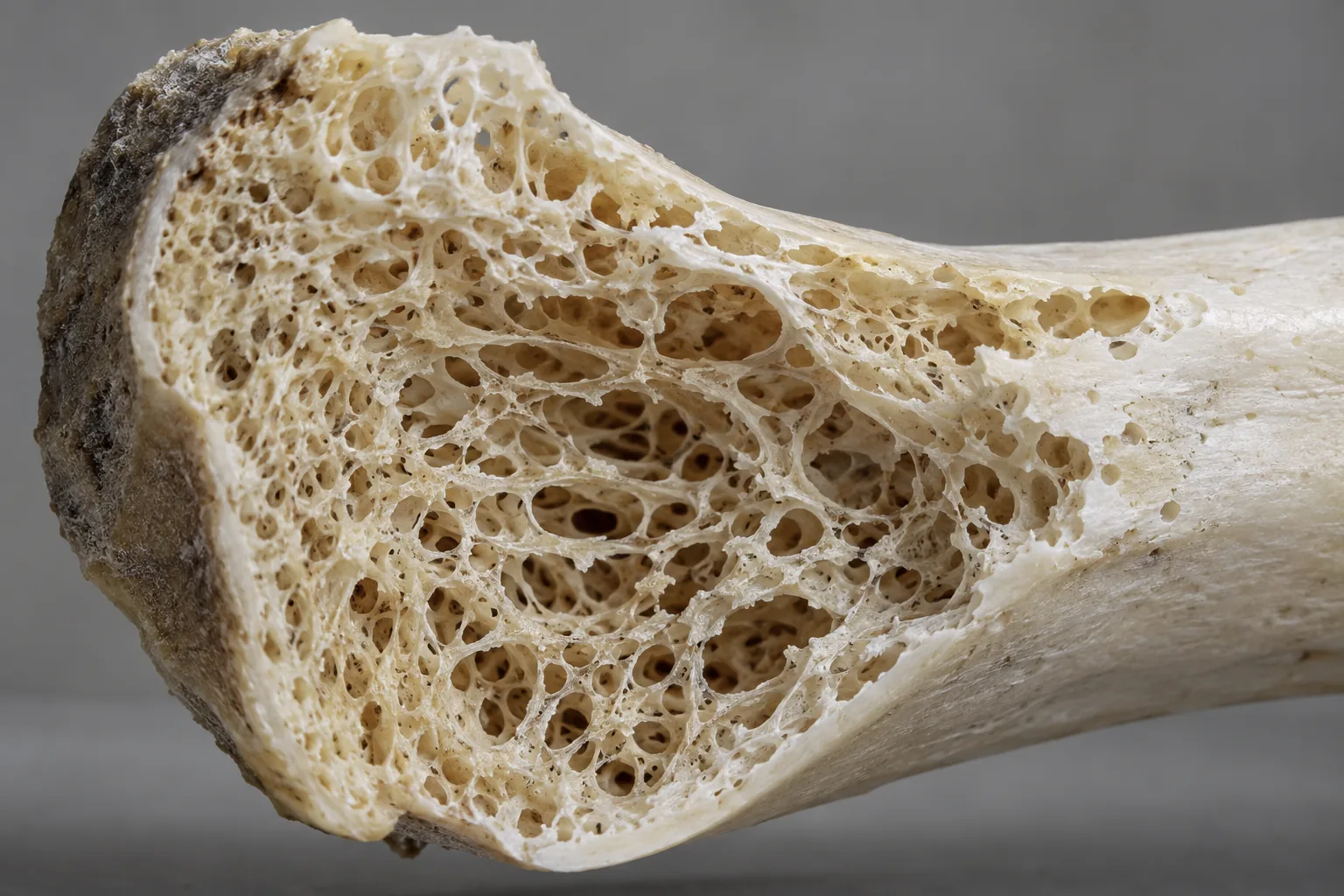 Macro cross-section of a bone showing the porous honeycomb trabecular structure