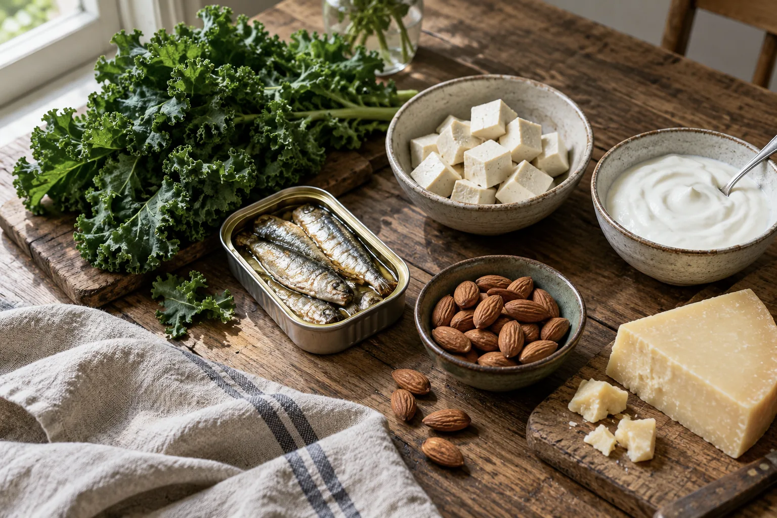 Kitchen table with calcium-rich foods: kale, sardines, tofu, yogurt, almonds and hard cheese