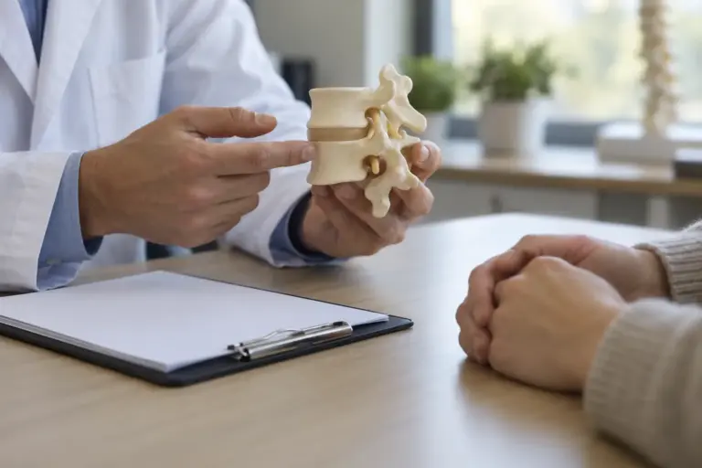 Doctor holding a vertebra model while talking with a patient across a desk with a clipboard