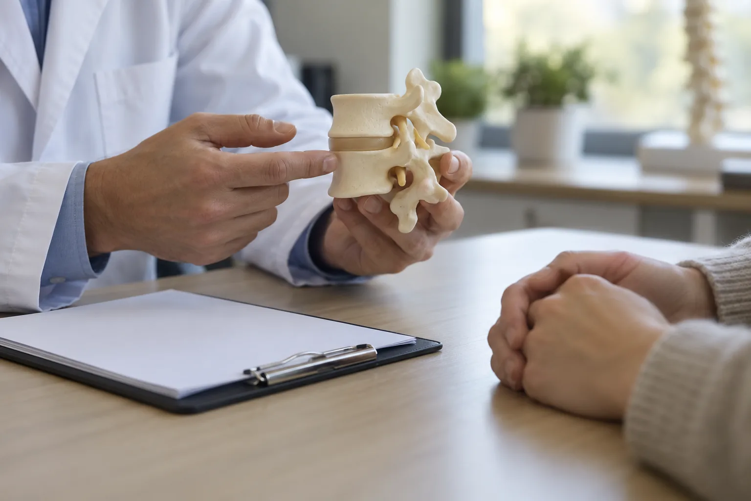 Doctor holding a vertebra model while talking with a patient across a desk with a clipboard
