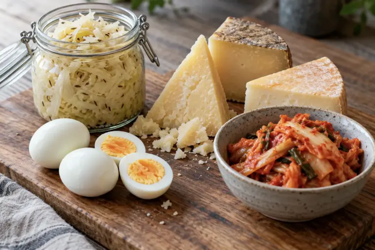Wooden board with sauerkraut, hard cheese, boiled eggs and a bowl of kimchi