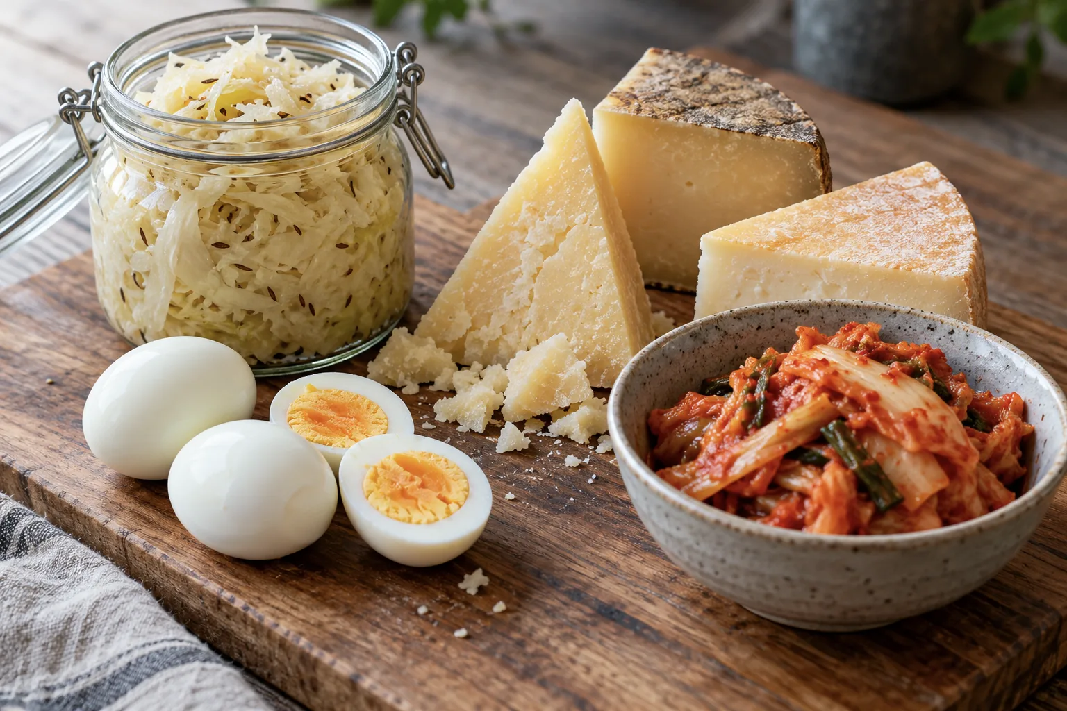 Wooden board with sauerkraut, hard cheese, boiled eggs and a bowl of kimchi