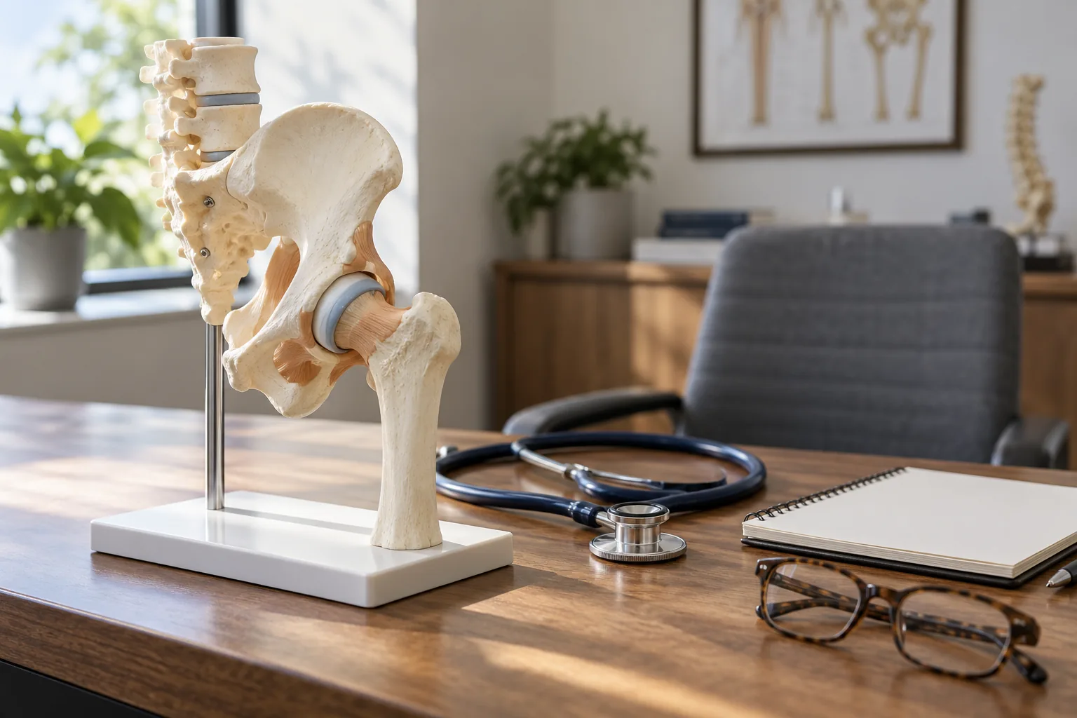 Anatomical model of a hip joint and femur on a doctor's desk beside a stethoscope and glasses