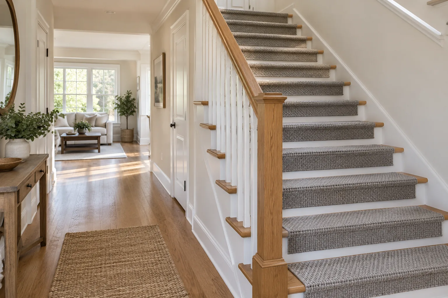 Bright home staircase with non-slip carpet treads and a sturdy wooden handrail