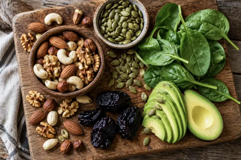 Wooden board with mixed nuts, pumpkin seeds, avocado, spinach and dried prunes