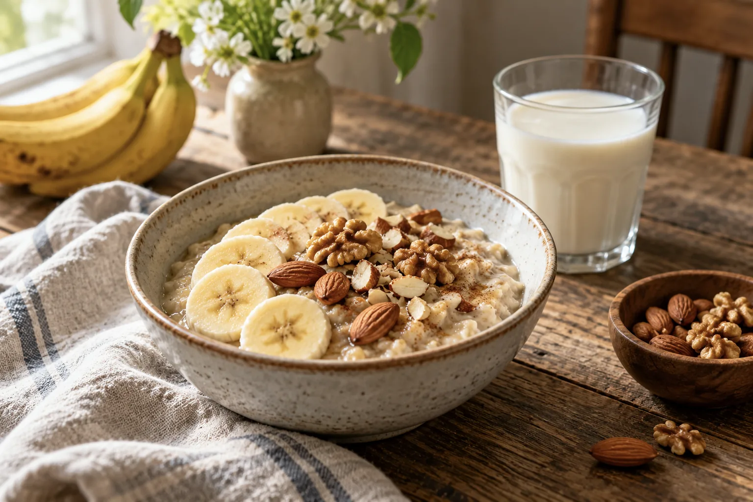 Bowl of oatmeal with banana, walnuts and almonds beside a glass of milk on a rustic table